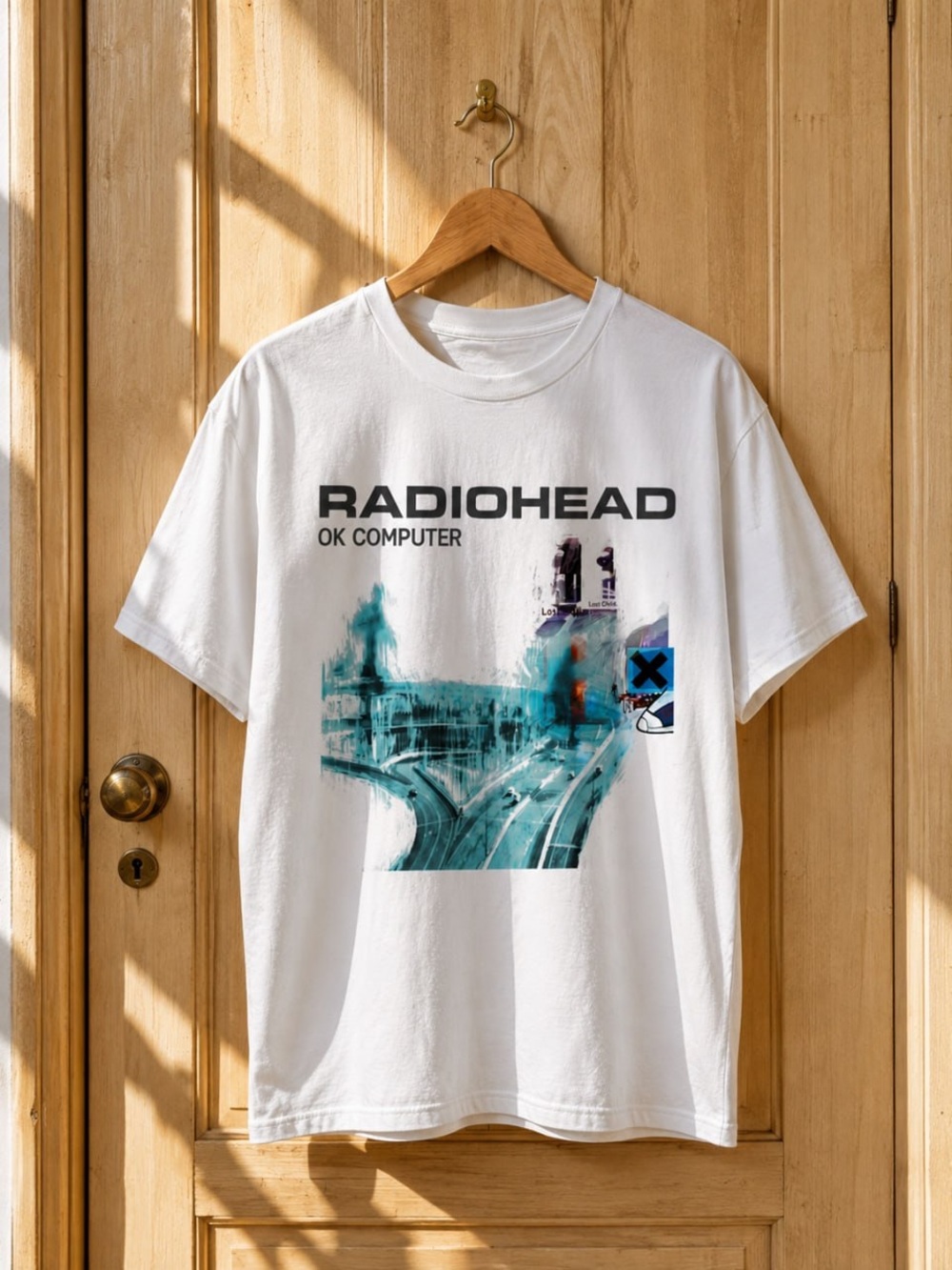 Radiohead OK Computer Graphic Gildan White Tee with Teal & Black Print
